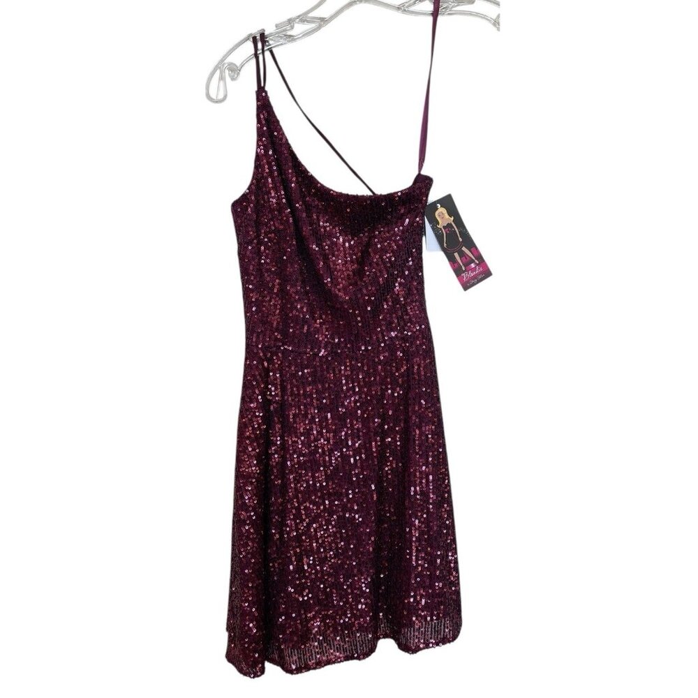 Blonde Nites By Stacy Sklar Dress Size 1 Burgundy Sequin Sleeveless One Shoulder